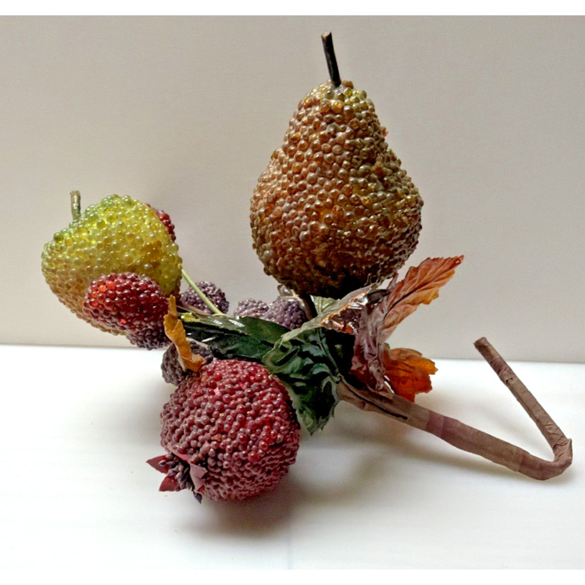 Vintage Glass Beaded Jeweled Faux Fruit Bouquet Pear Pomegranate Raspberry Grape