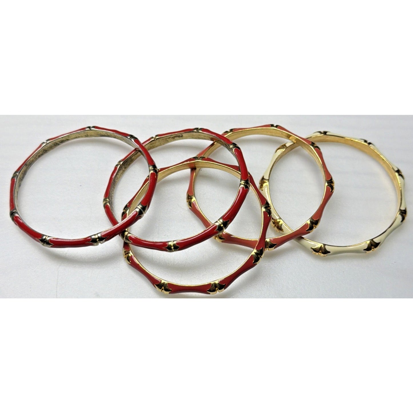 Vintage Lot of 5 Gold Metal Brass Enamel Bamboo Bracelets As Is