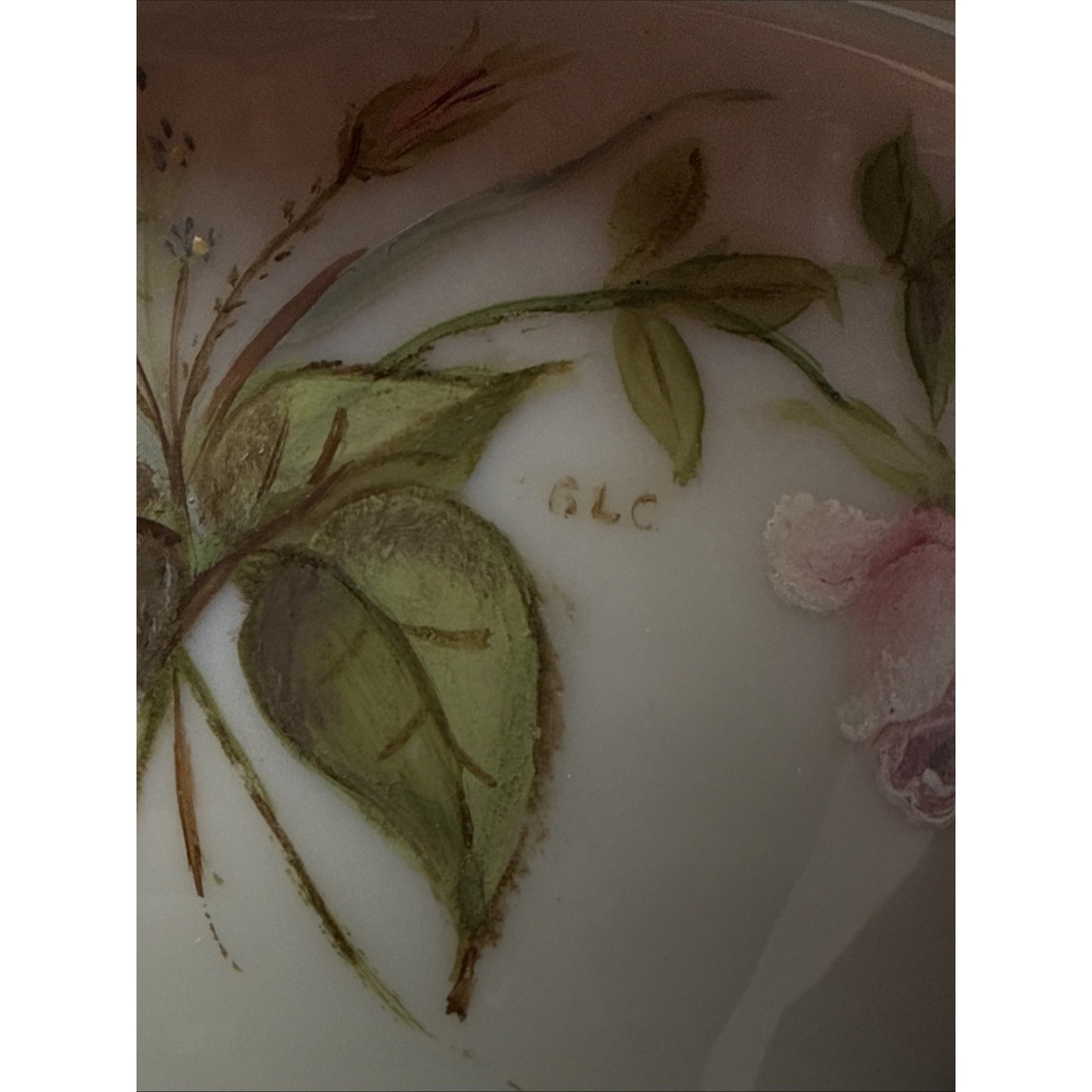 Victorian Peach Blow Vase Bowl Crimped Edge Enameled Floral Footed Signed As-Is