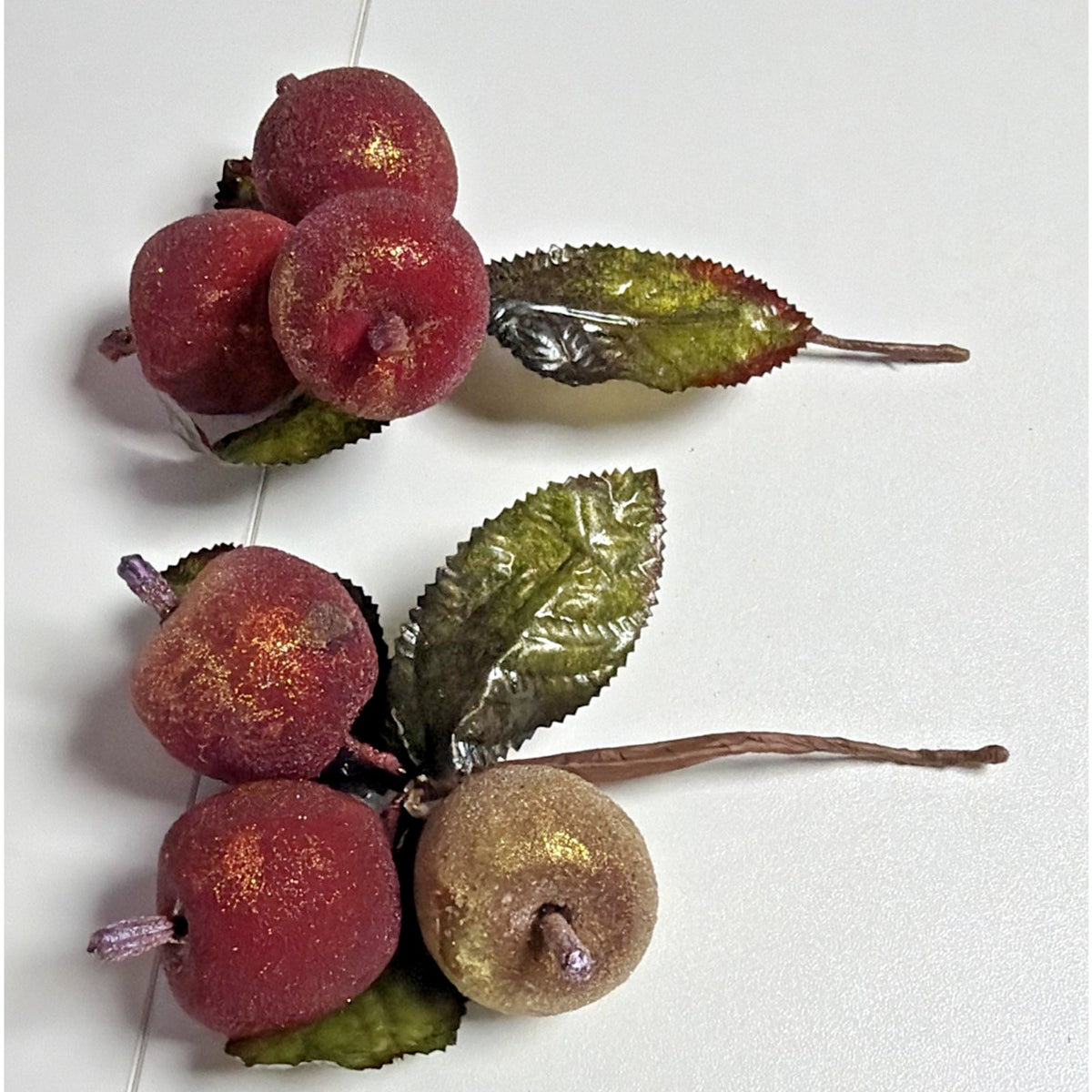Lot of 2 Vtg Sugar Beaded Sugar Fruit Picks Apple Berries Frosted Stems Leaves