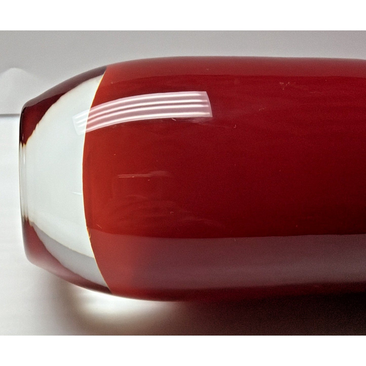 MCM Red Cased White Cylinder Vase Abstract Black Threaded Strapping Large
