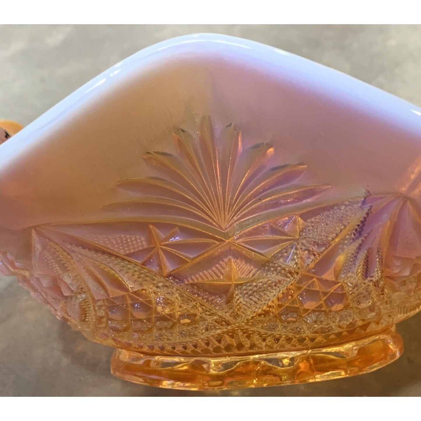 EAGP Dugan Glass Marigold Carnival Peach Opalescent Ski Star Master Bowl As-Is