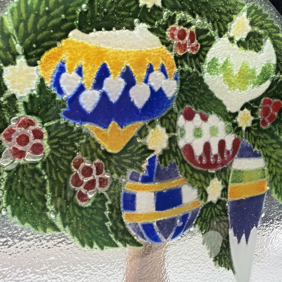 Vintage Peggy Karr Fused Glass Holiday Ornaments Holly Platter Signed