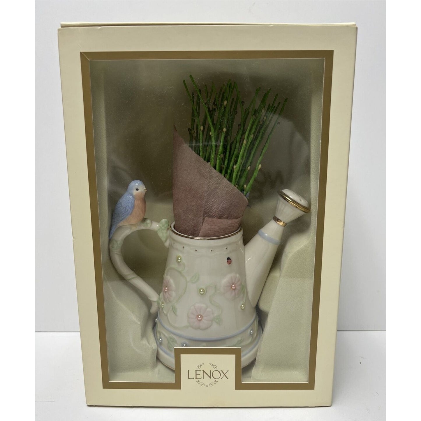 Vintage Lenox Petal And Pearls Bluebird Bud Vase Watering Can Box