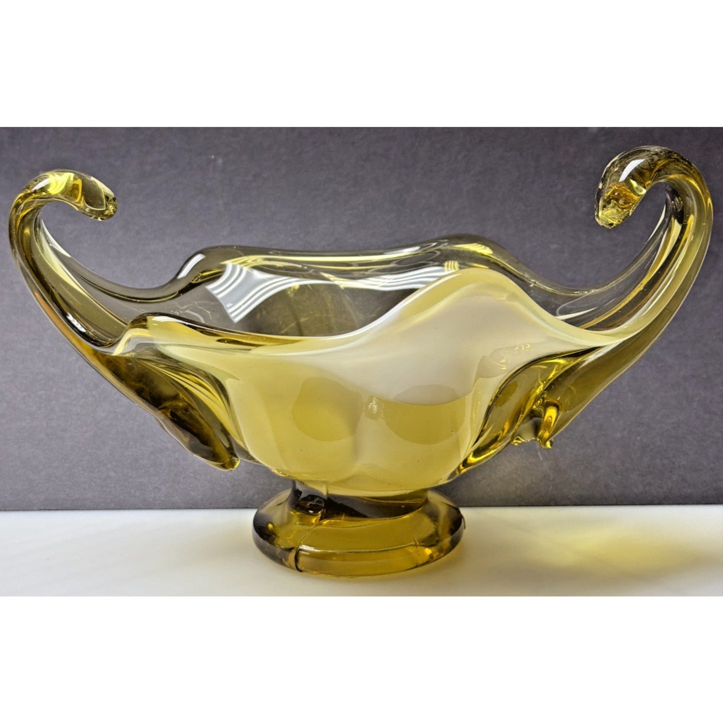 MCM Italian Art Glass Freeform Golden Bowl Amber White Handles Footed Pedestal
