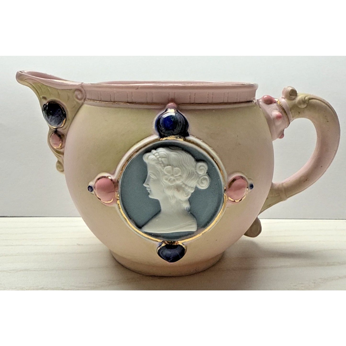 Antique Schafer Vater Bisque Porcelain Pink Jeweled Cameo Pitcher Creamer As Is