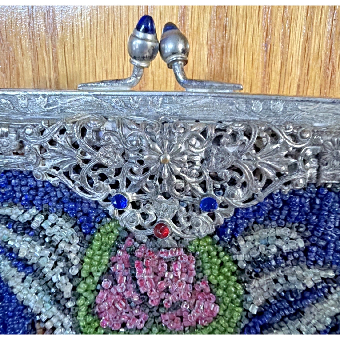 Art Deco Micro Beaded Flapper Bag Purse Ornate Metal Frame Bezel Jewel Kiss Lock