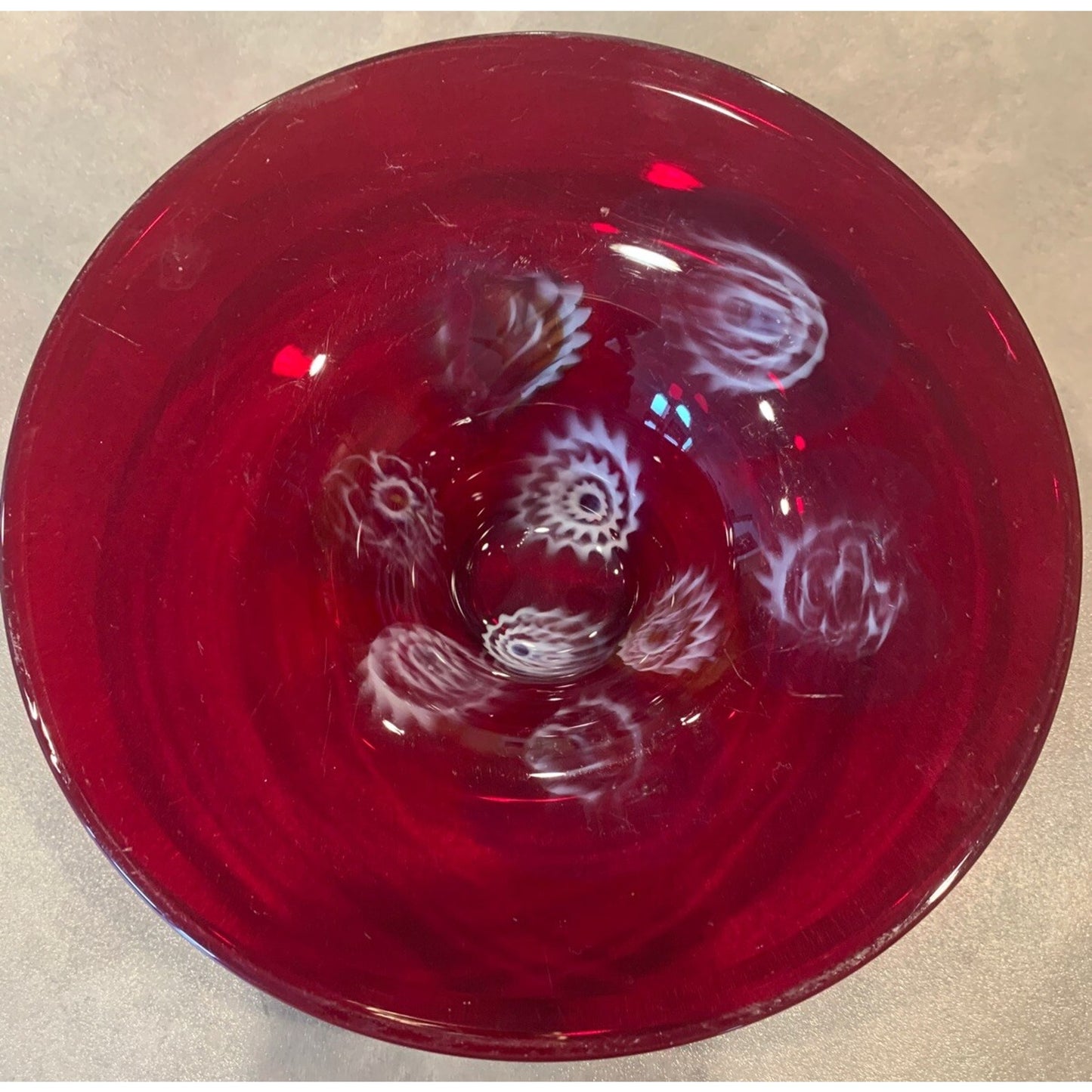 Vintage Murano Art Glass Venetian Murrine Bowl Cherry Red Millefiori Flower