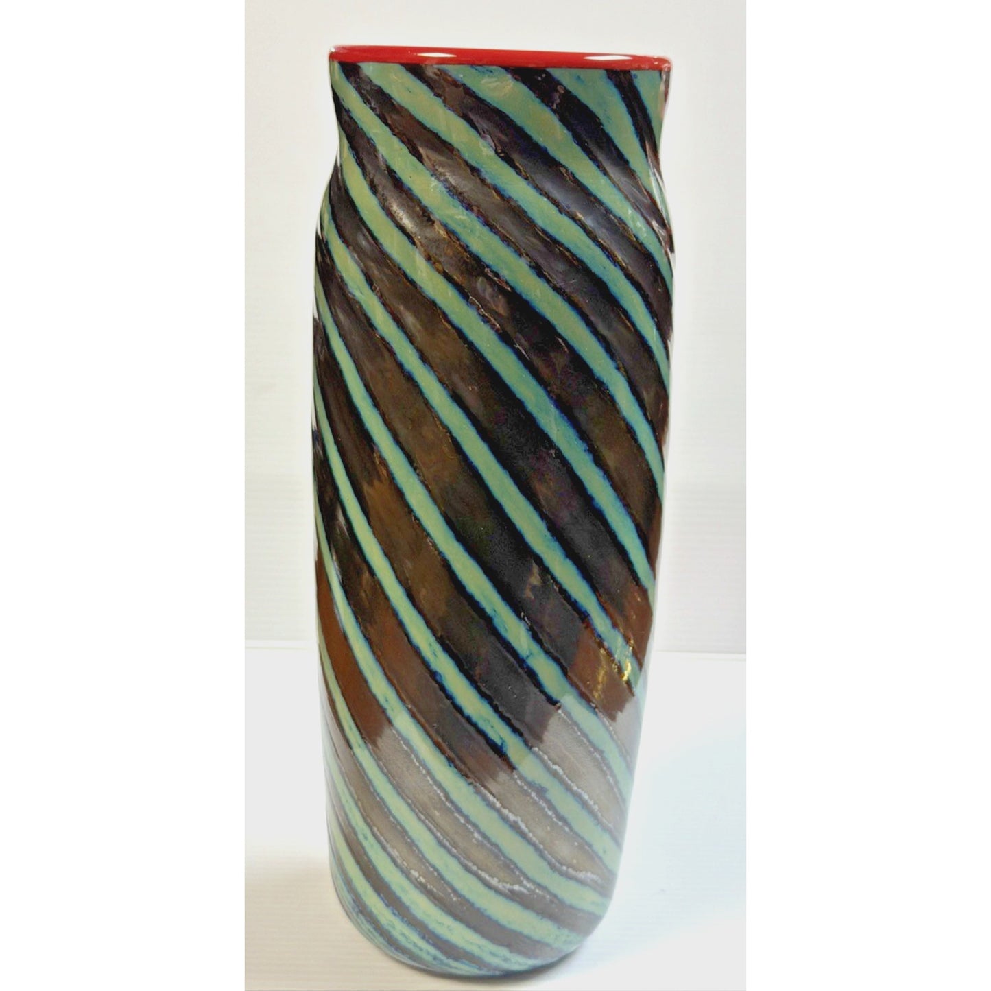 Jon Bush Iridescent Art Glass Vase Black Green Spiral Abstract Red Lip Signed