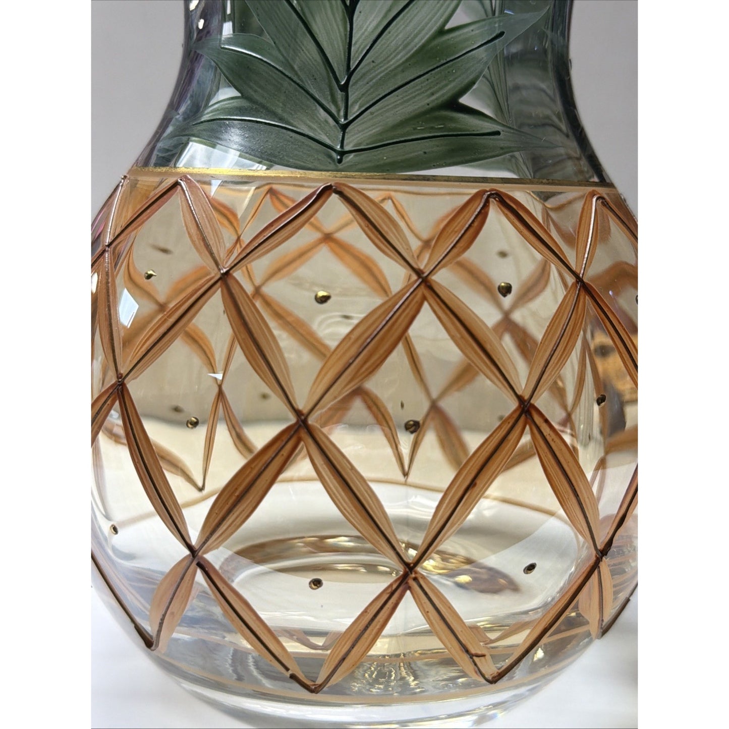 Romanian Crystal Pineapple Vase Gold Trim Green Palm Large Orange Crystal Clear