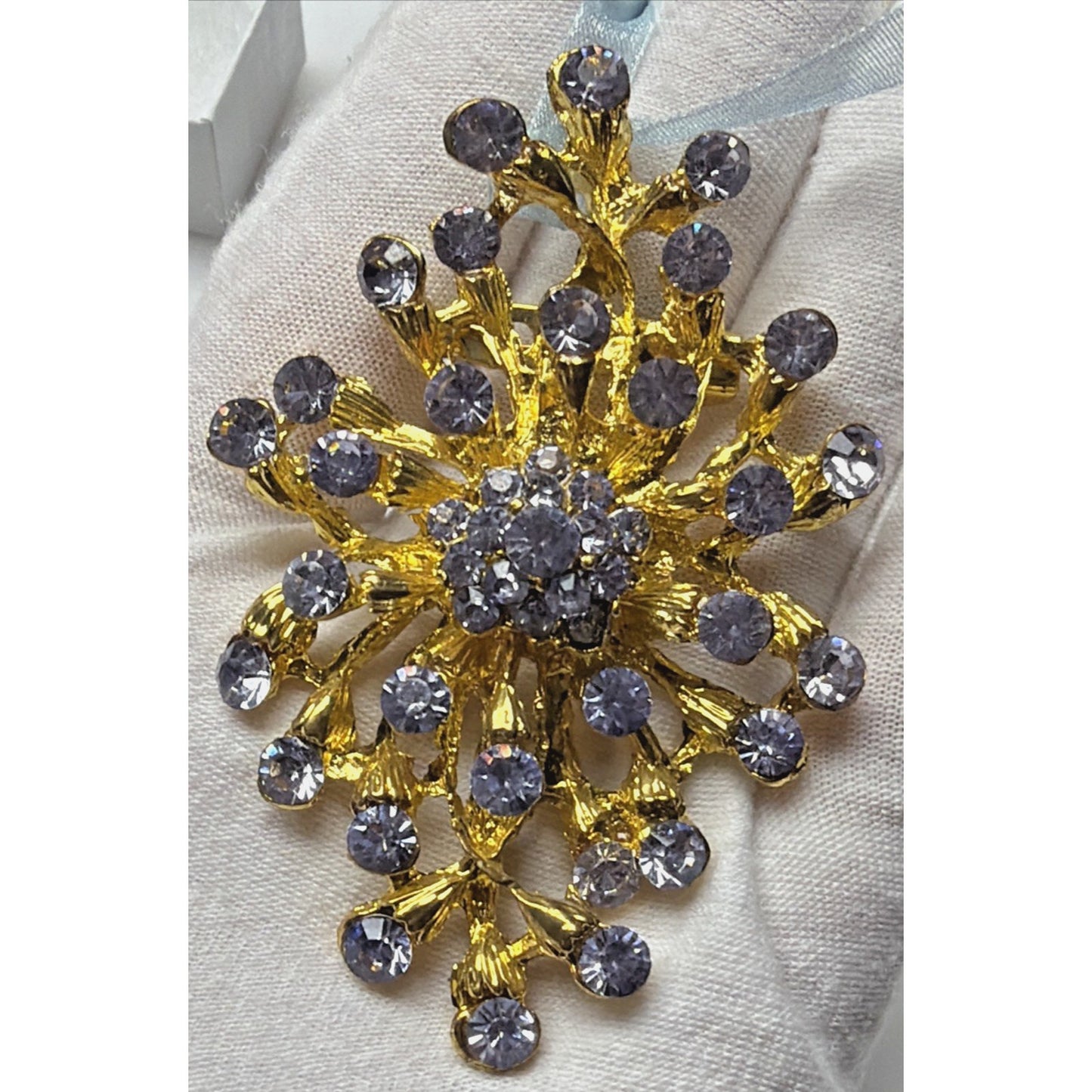 MCM Brutalist Style Blue Rhinestone Crystal Floral Spray Burst Brooch Snowflake
