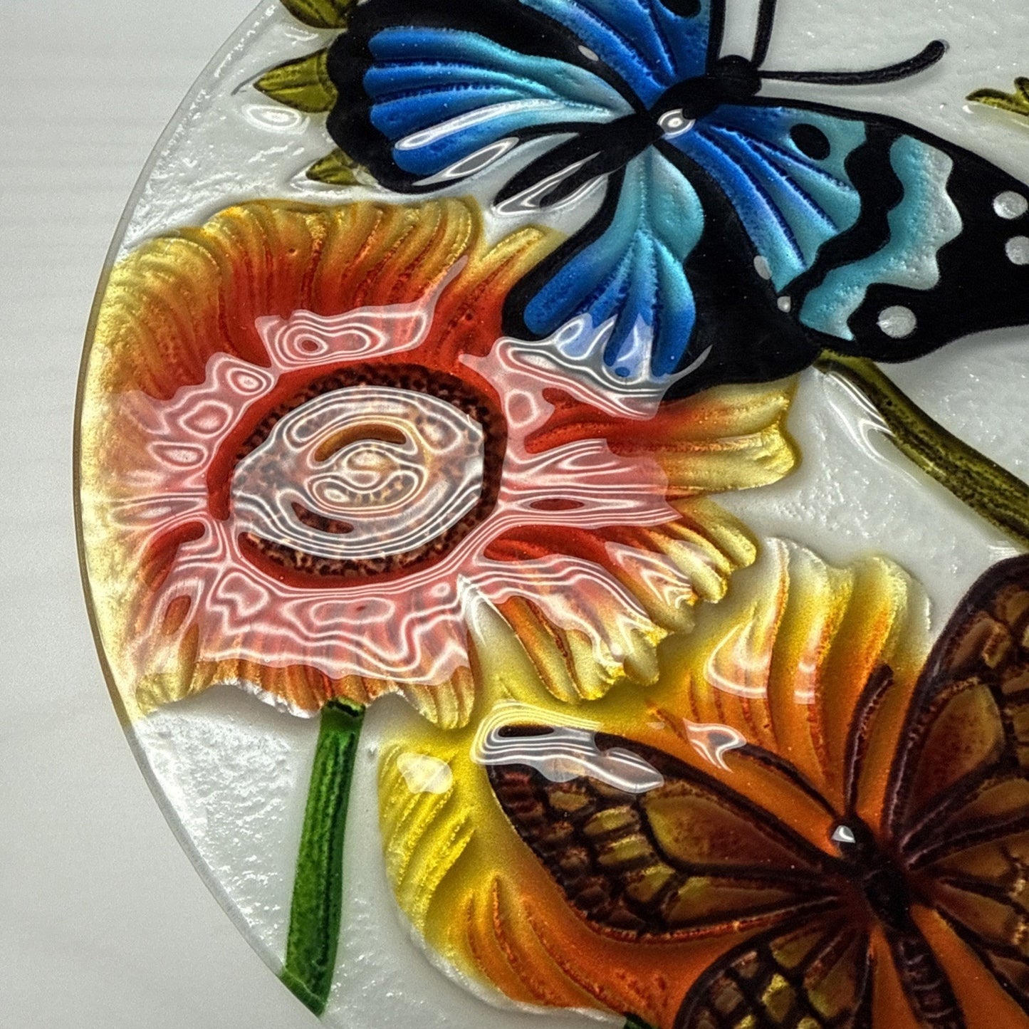 Stained Glass Painted Butterfly Sunflower Suncatcher Rimless Hanging Glass