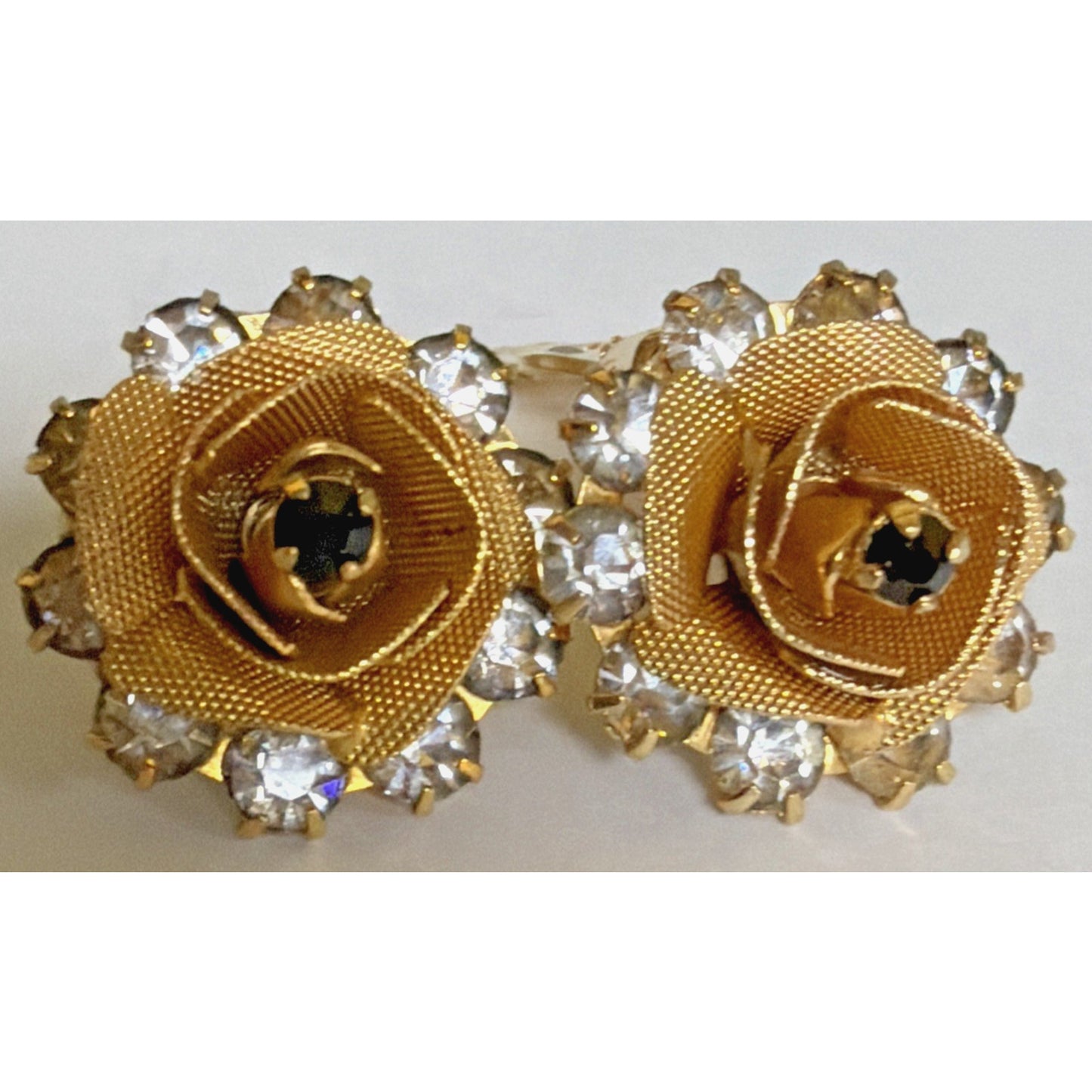 Vintage Rose Rosette Gold Tone Flower Clip On Earrings Black Clear Rhinestones