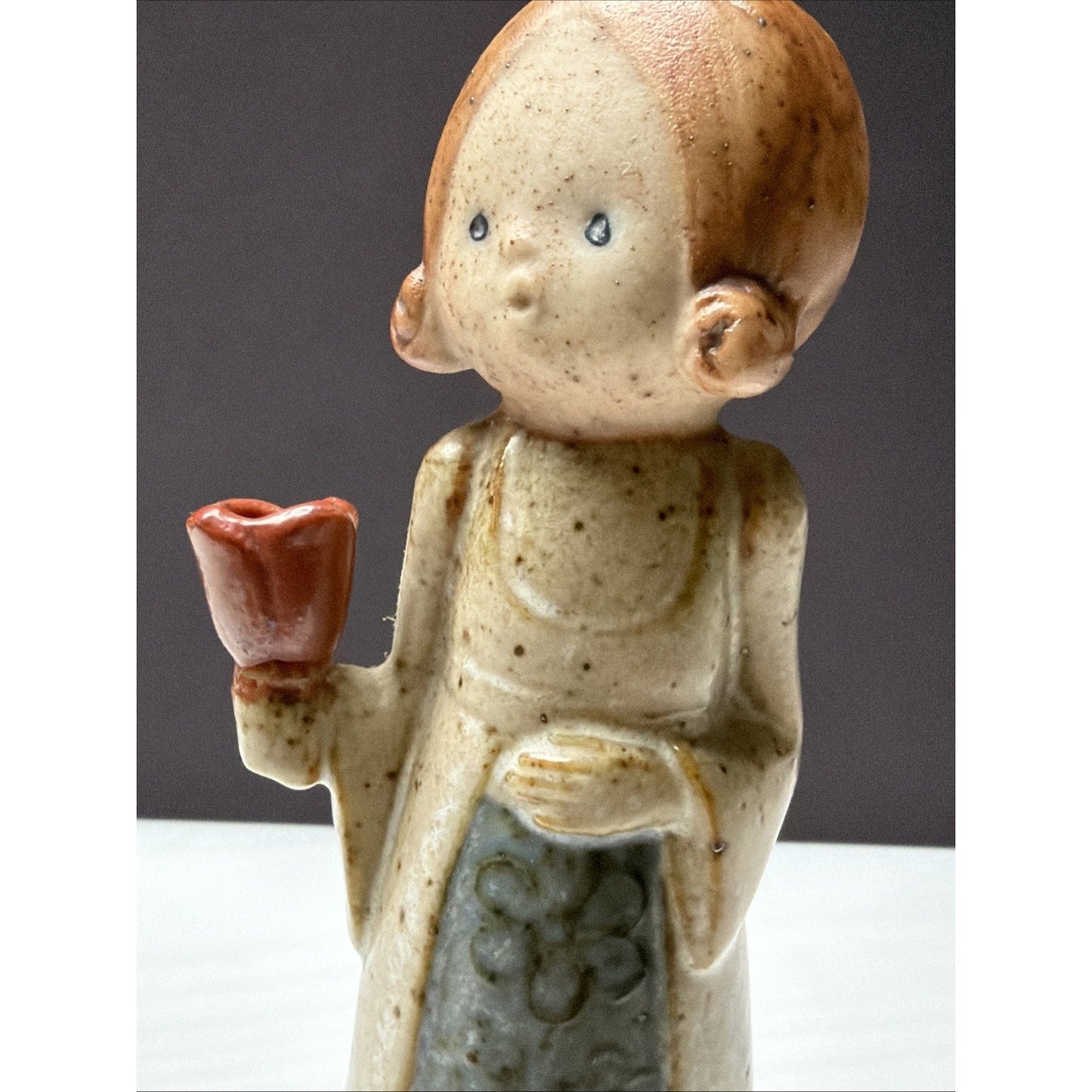 Vtg Uctci Pottery Stoneware Figurine Candle Holder Woman Girl Red Bell Flower