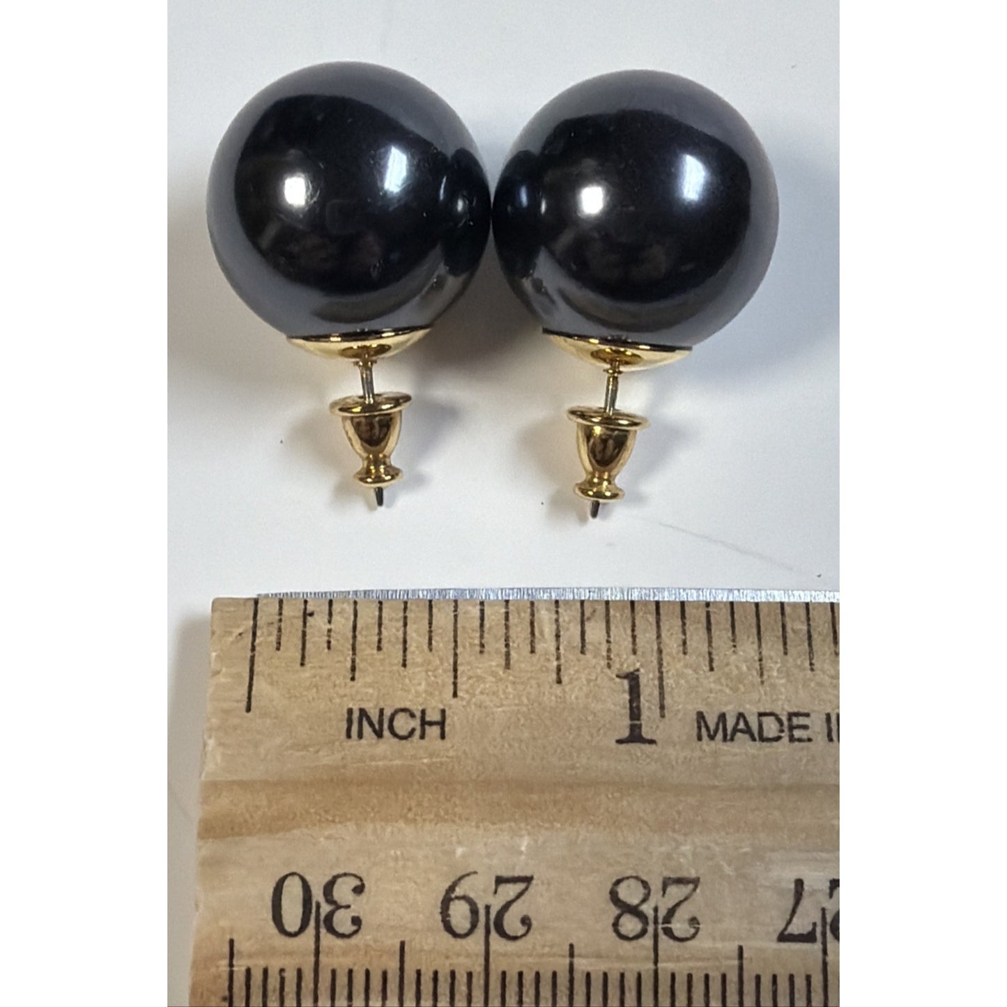 Vintage Monet Gray Large Ball Sphere Black Faux Pearl Stud Earrings Gold Tone