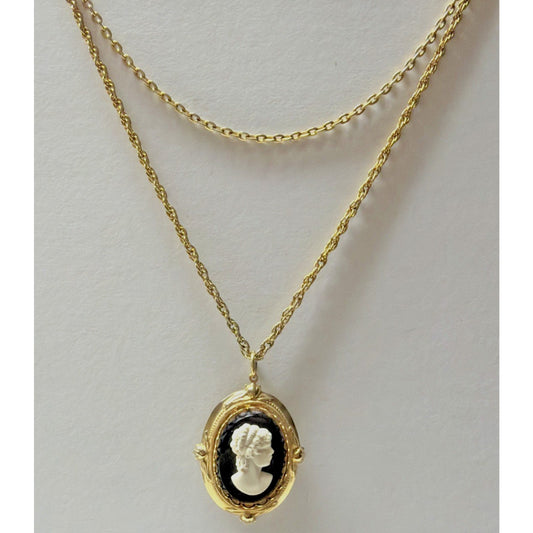 Vintage Coro Black Cameo Pendant Necklace Large Gold Tone Plastic Read As Is