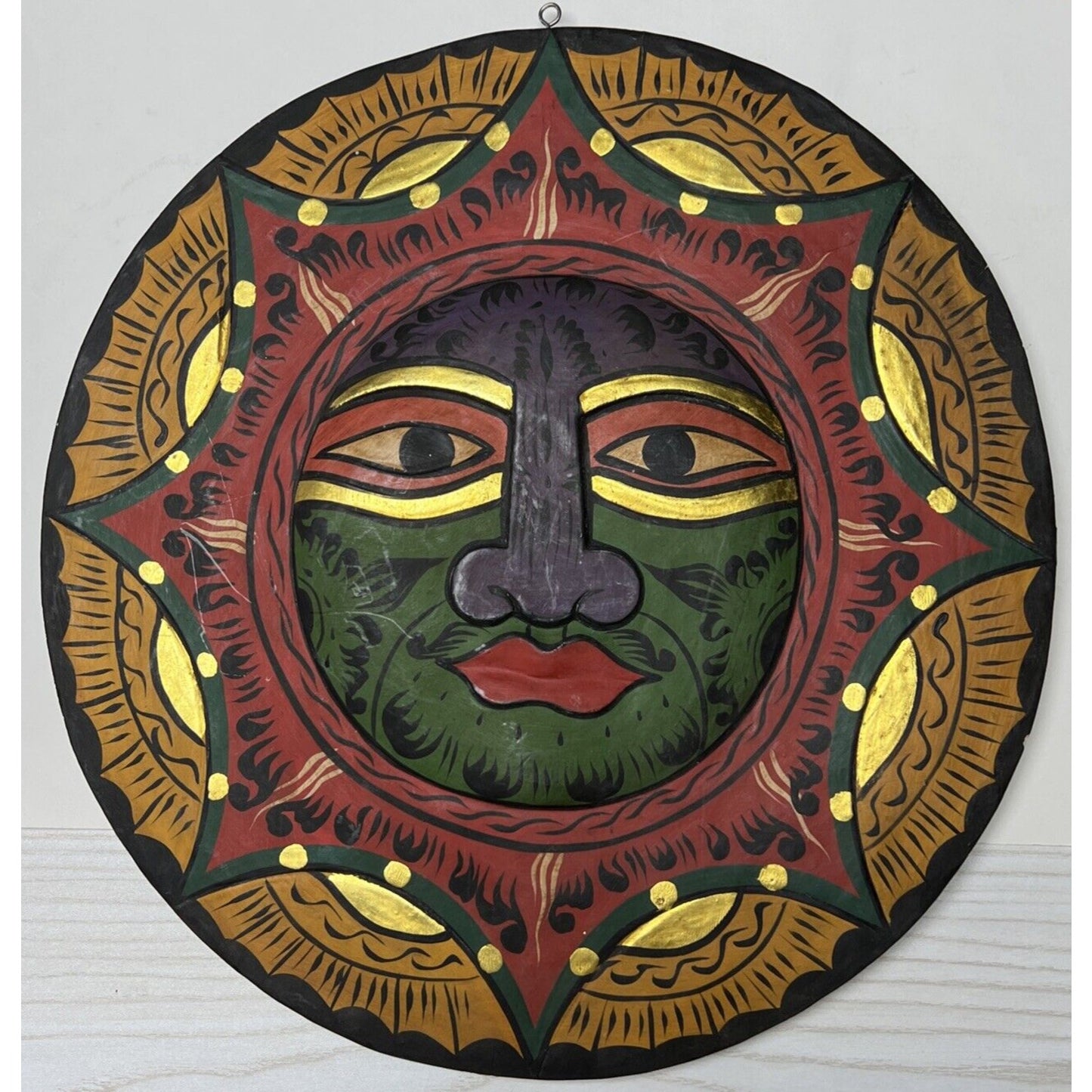 Vintage Folk Art Wood Carved Sun Face Mask Tribal Hand Painted Large