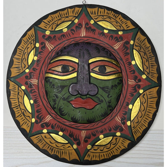 Vintage Folk Art Wood Carved Sun Face Mask Tribal Hand Painted Large