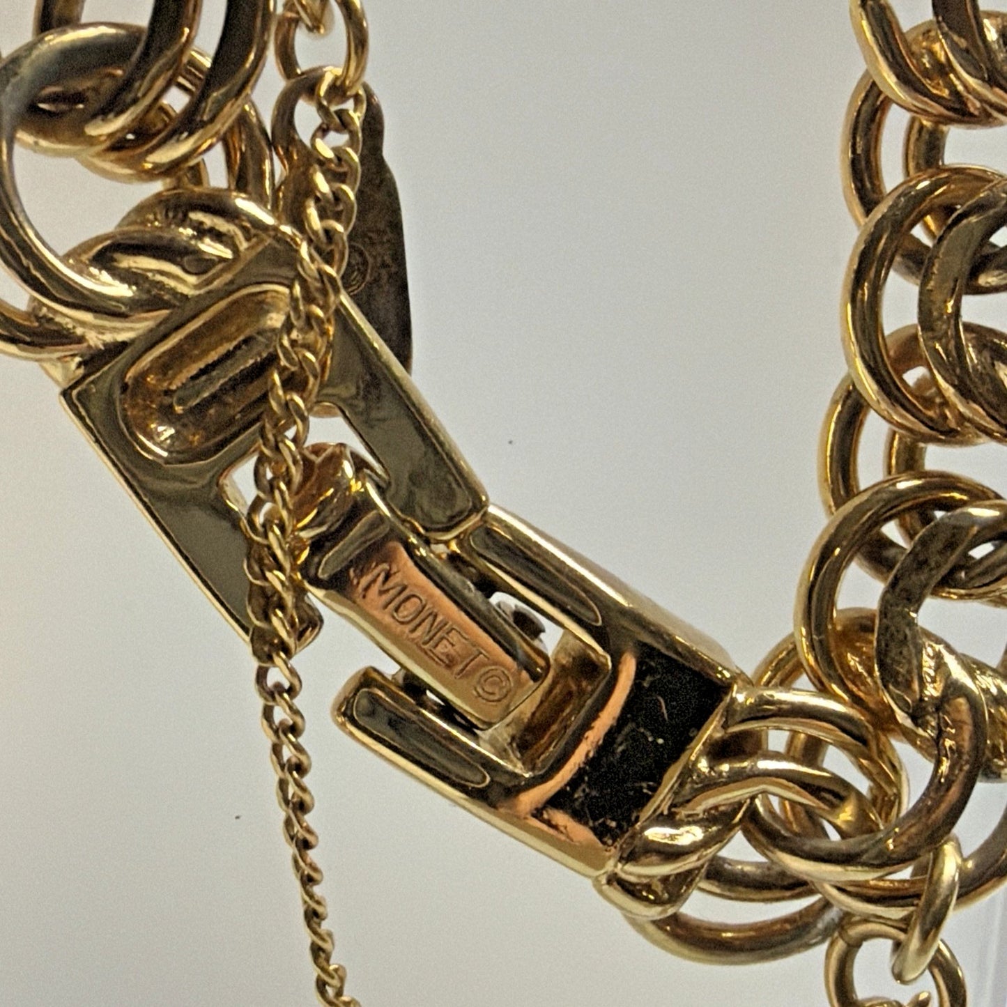 Vintage Monet Gold Tone Double Chain Link Bracelet Safety Chain Clasp