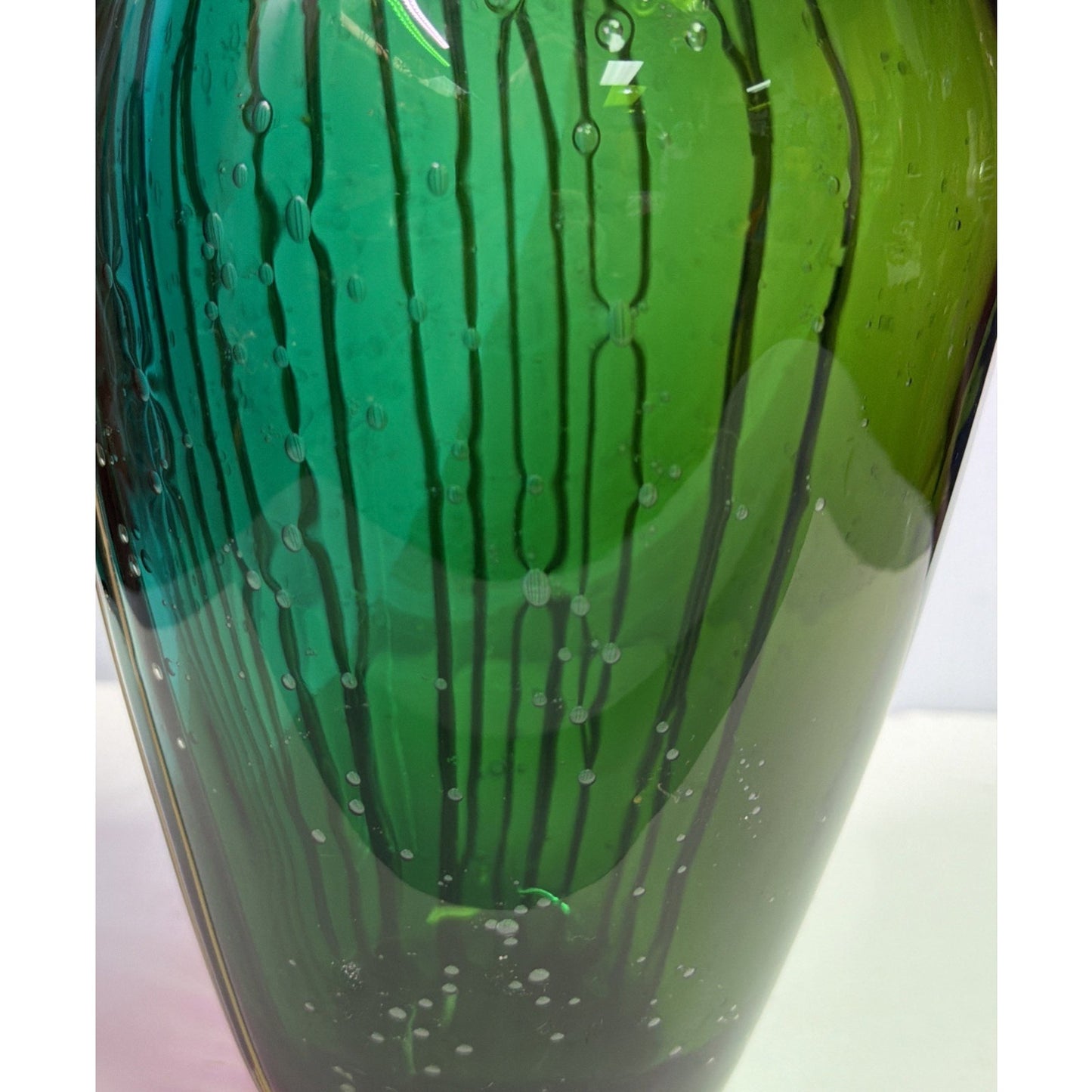 Vtg Art Glass Bubble Vase Teal Green Ombre Yellow Threaded Living Color Collect