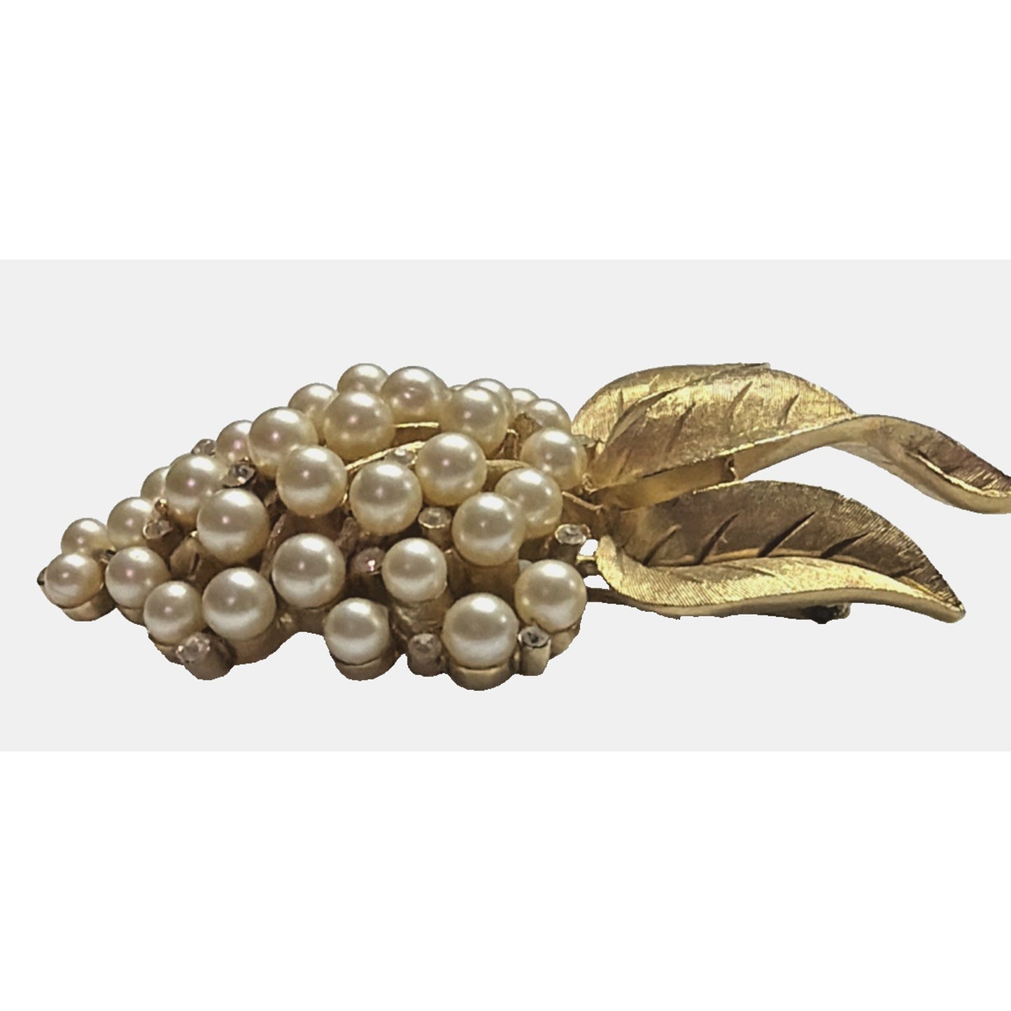 Vintage Crown Trifari Faux Pearl Rhinestone Grape Cluster Brooch Pin Gold Tone