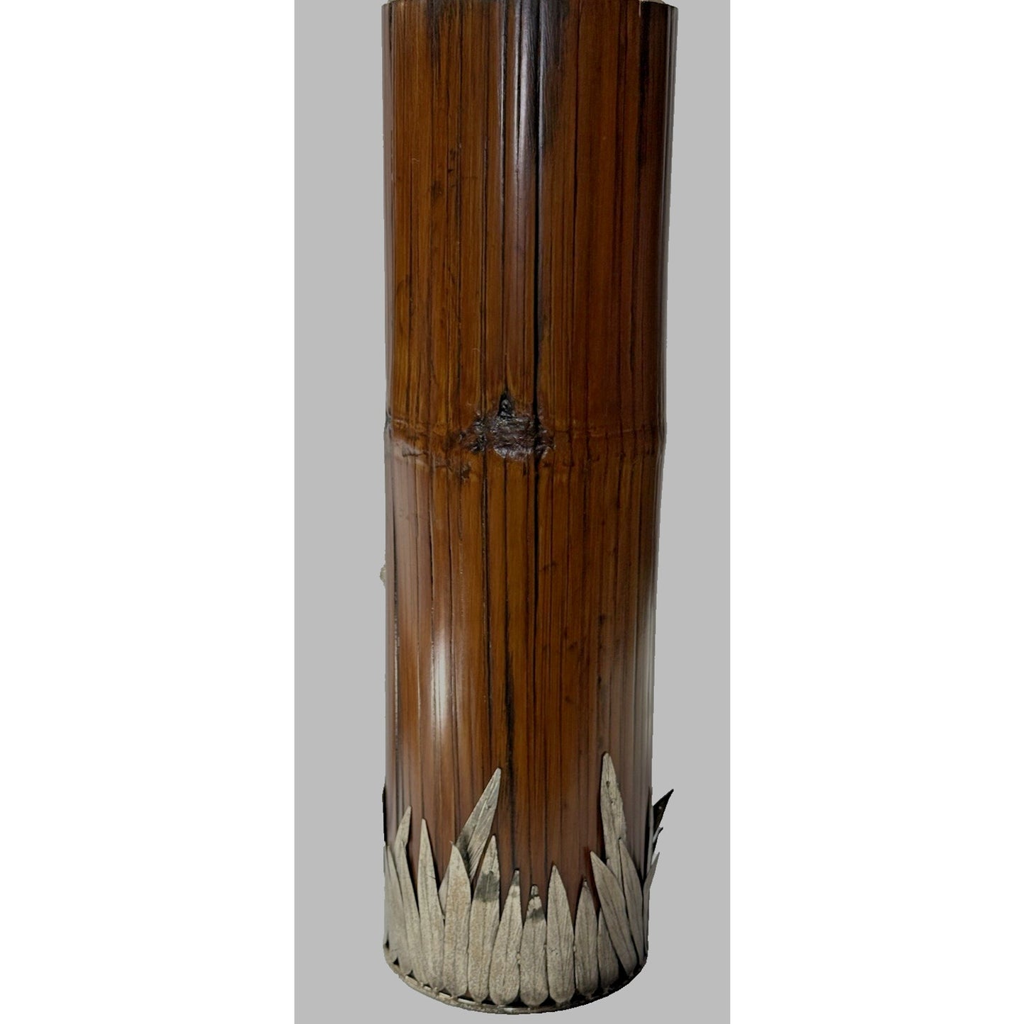 Old Japanese Bamboo Wood Vase Silvered Frog Grass Enameled Butterfly Large Read