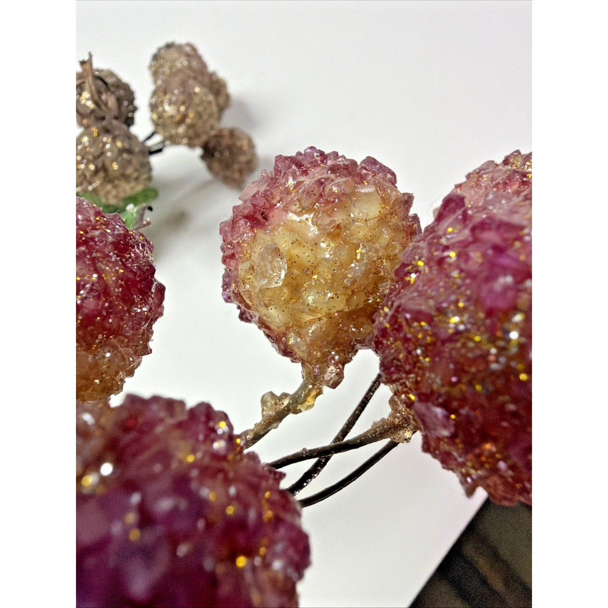 Vintage Lot of 2 Beaded Fruit Berry Grape Stem Picks Sugar Coated Leaf Bouquet