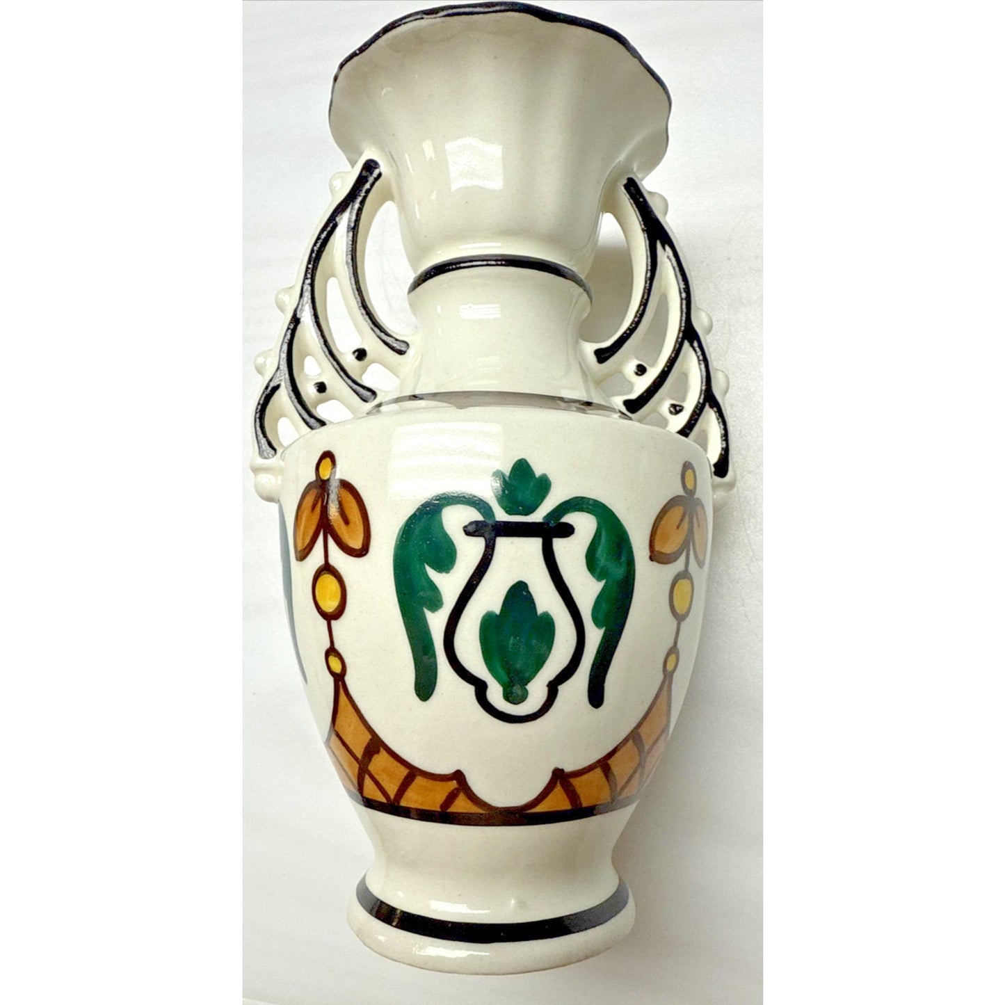 Art Deco Czech Art Pottery Bohemian Double Handle Vase Hand Painted
