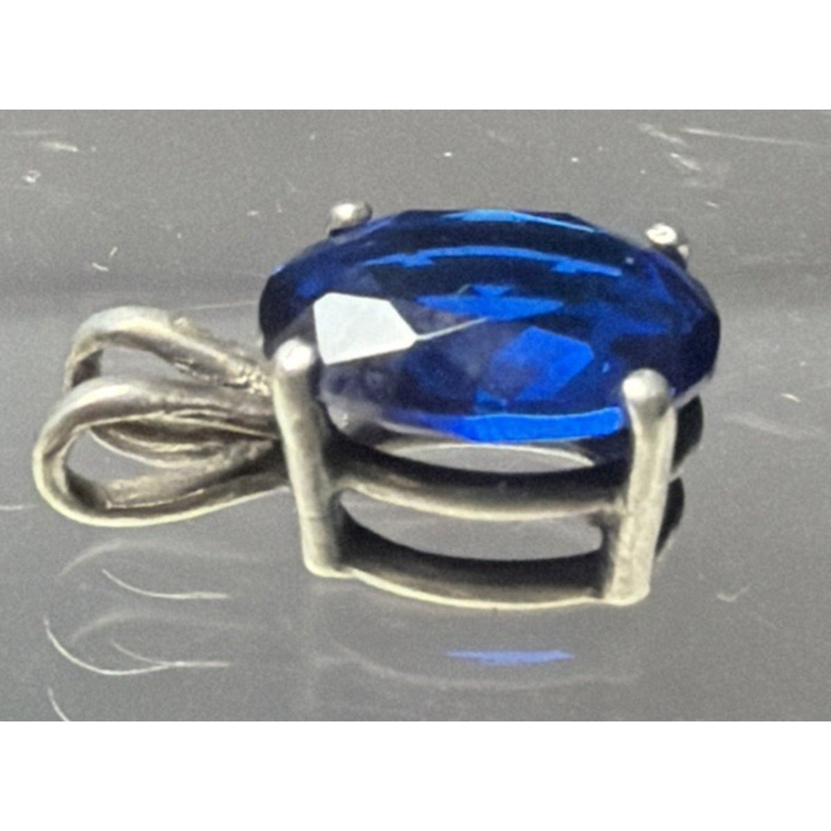 Sapphire Spinel Glass Oval Cut Solitaire Sterling Silver Pendant UV Reactive As