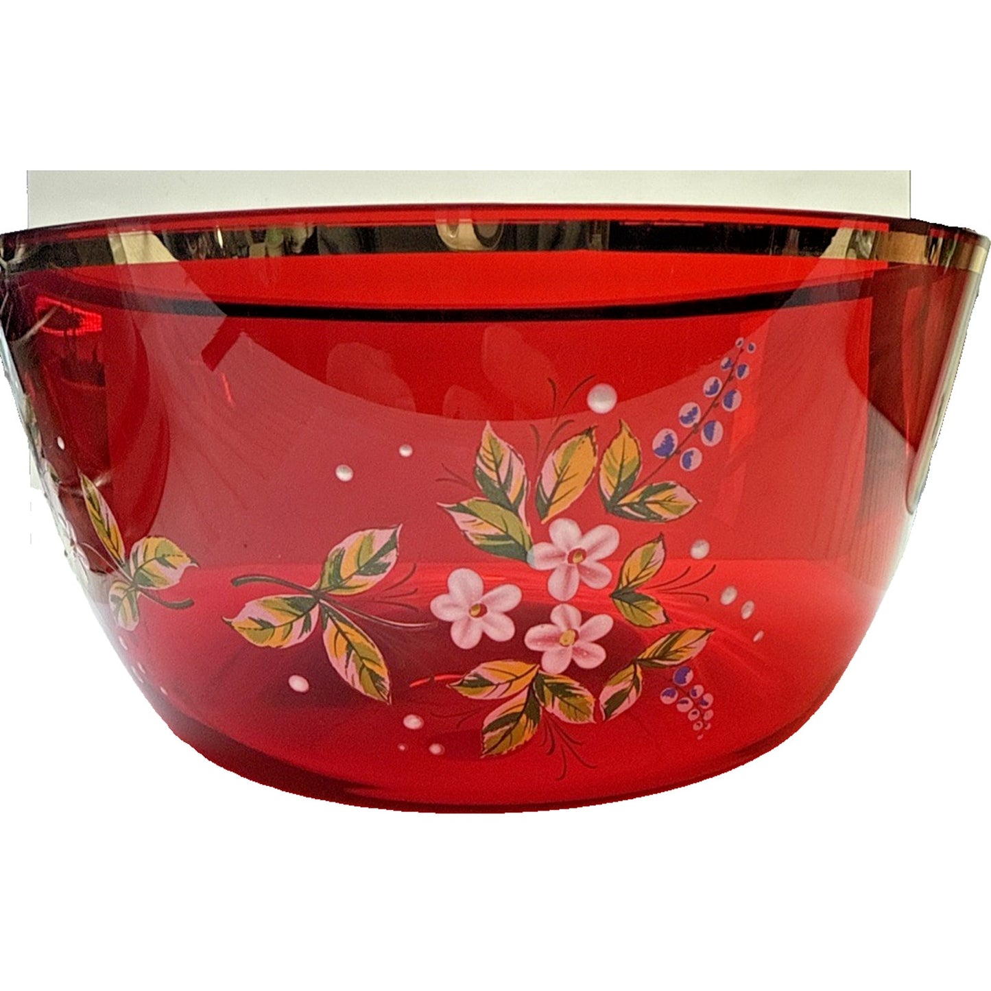 Vintage Czech Bohemian Ruby Red Crystal Hand Painted Enamel Bowl Flowers Gold