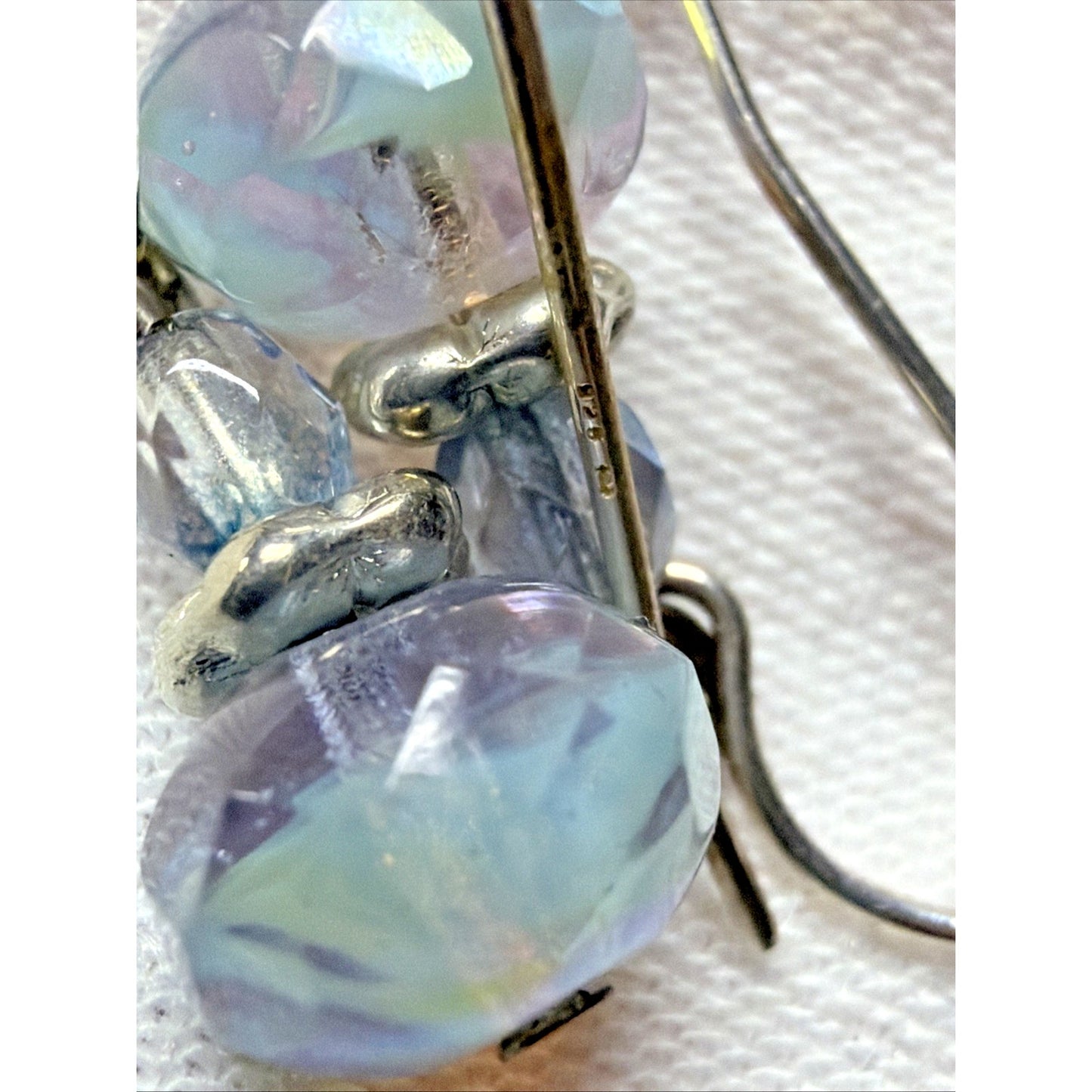 Vintage Sterling Silver Faceted AB Crystal Glass Uranium Dangle Earrings Mottled