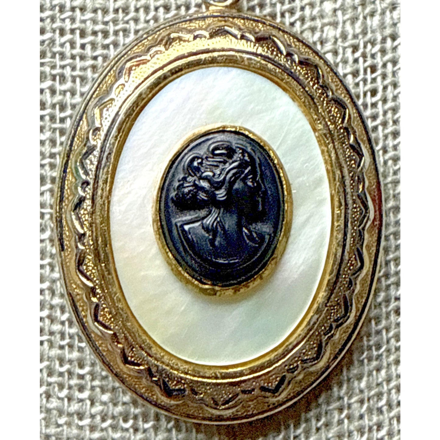 Vintage Black Celluloid Cameo Mother Of Pearl Locket Engraved Pendant Necklace