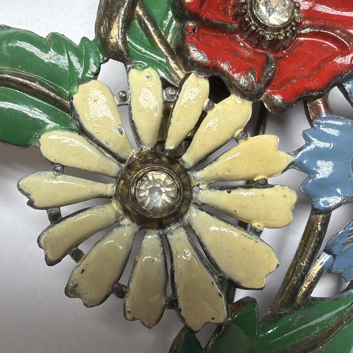 Art Deco Enamel Flower Brooch Bouquet Brass Vial Rhinestone Pot Metal As Is
