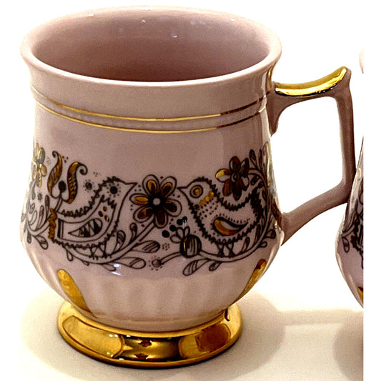 Antique Lot Of 2 H&C Rosa Pink Czech Porcelain Love Birds Gold Mugs Tea Cups