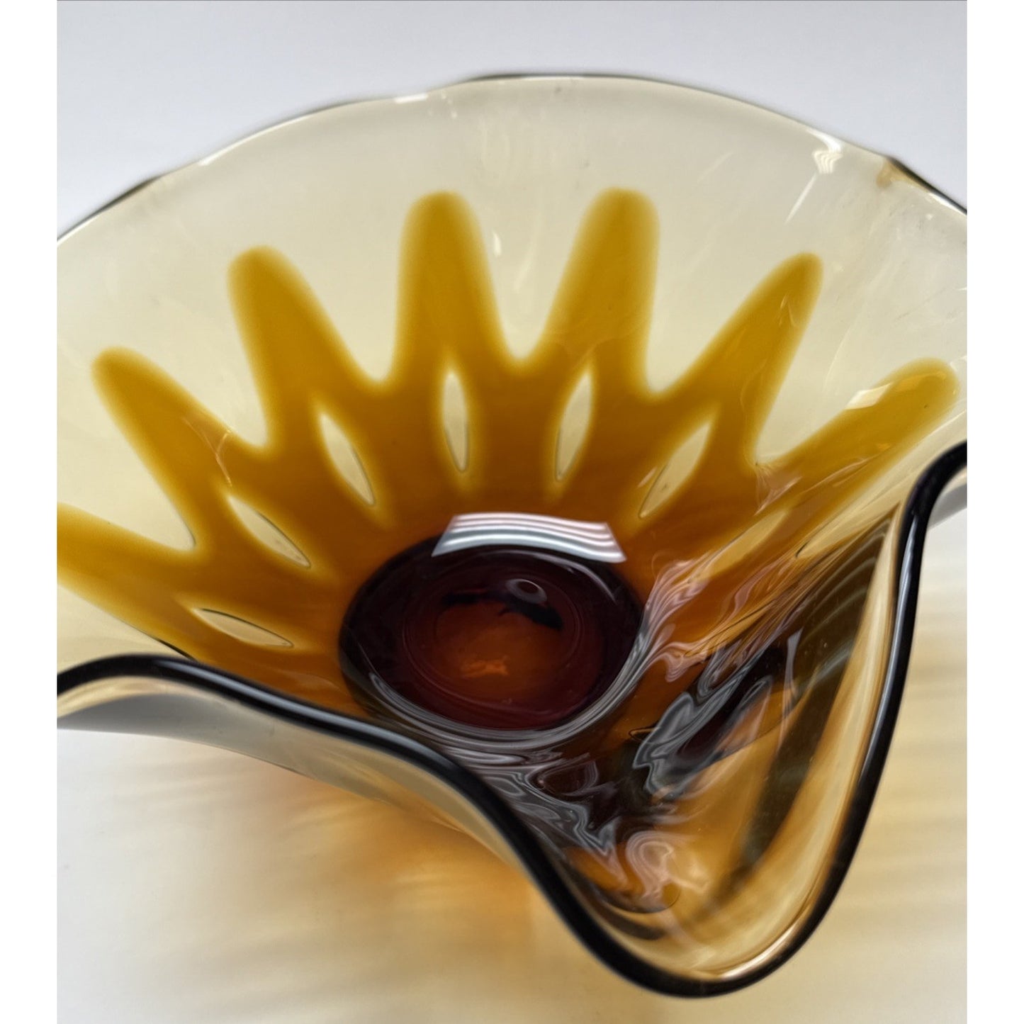 MCM Fostoria Art Glass Hawaiian Amber Brown Footed Ruffled Bowl