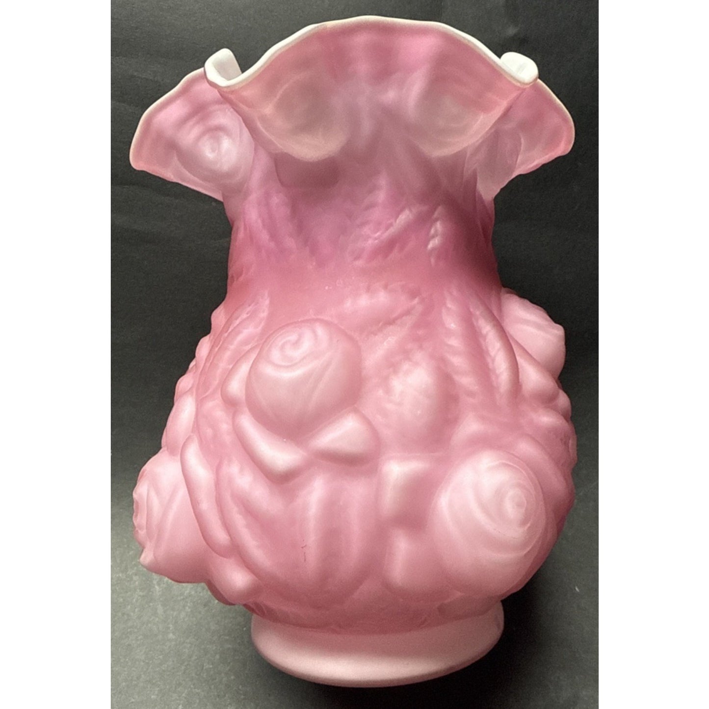 Vintage Fenton LG Wright Embossed Puffy Rose Pink Overlay White Satin Vase As-Is