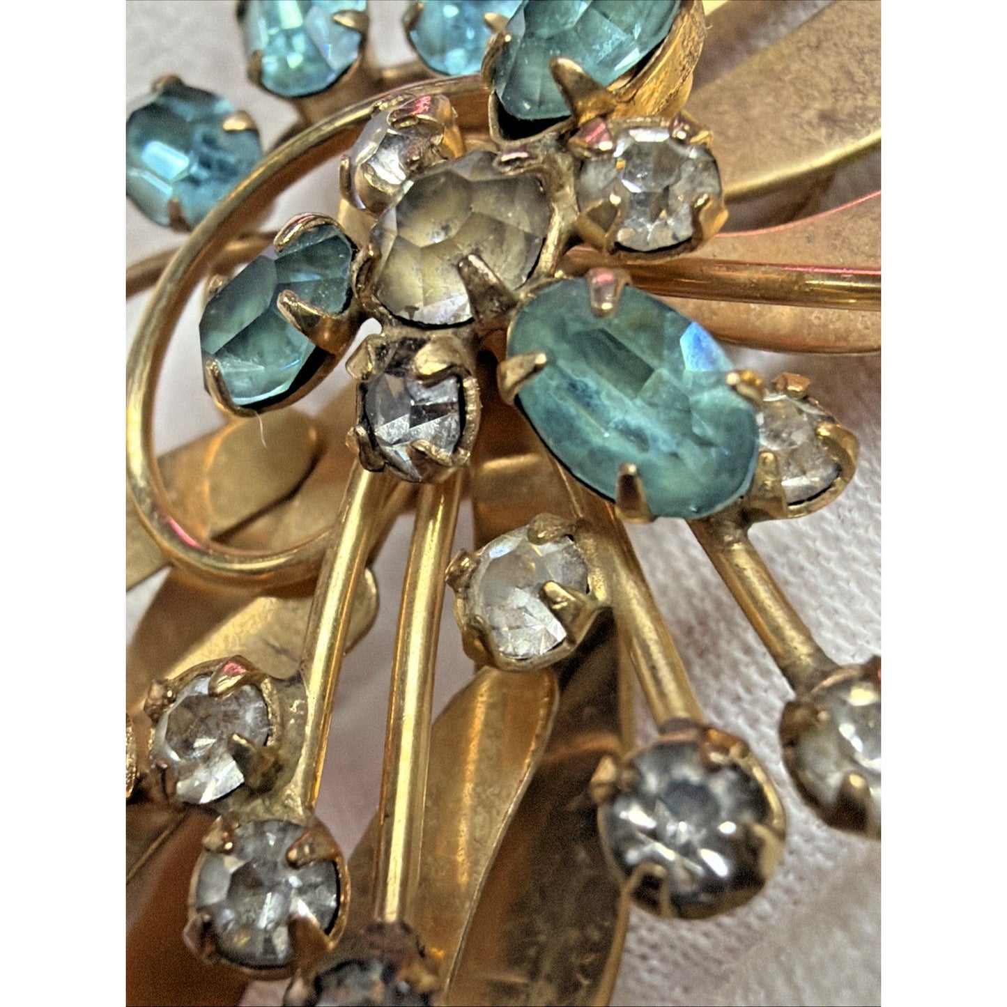 Vintage 1/20 10k Gold Filled Floral Spray Ribbon Pendant Brooch Aqua Rhinestone