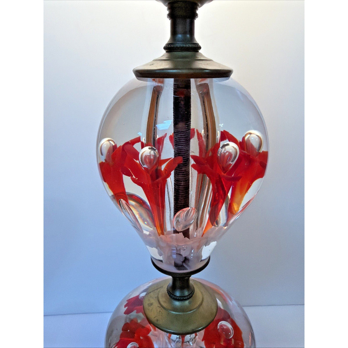 Vtg Clair Joe Rice Art Glass Red Trumpet Flower Lamp Paperweight Ornate L&L WMC