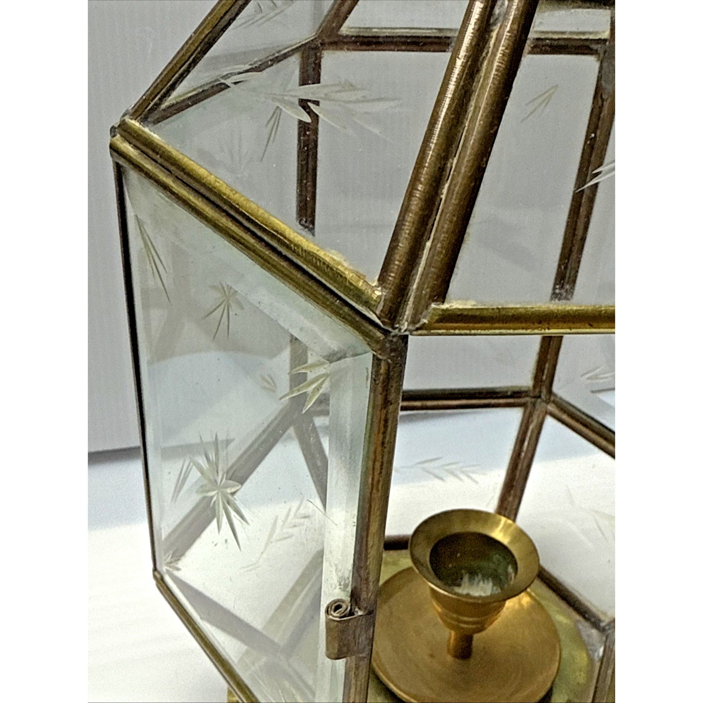 Vintage Yuksel Lambalari Turkish Shepard Brass Candle Lantern Lamp Etched Glass