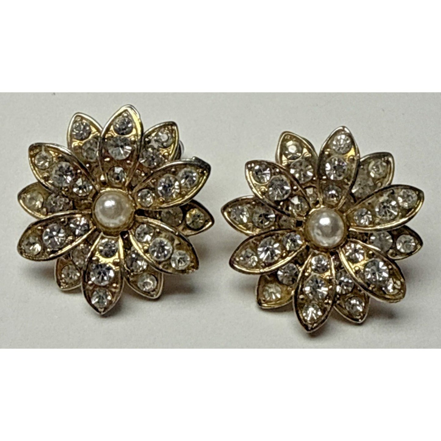 Vintage Gold Metal Flower Shaped Rhinestone Earrings Faux Diamond Wedding