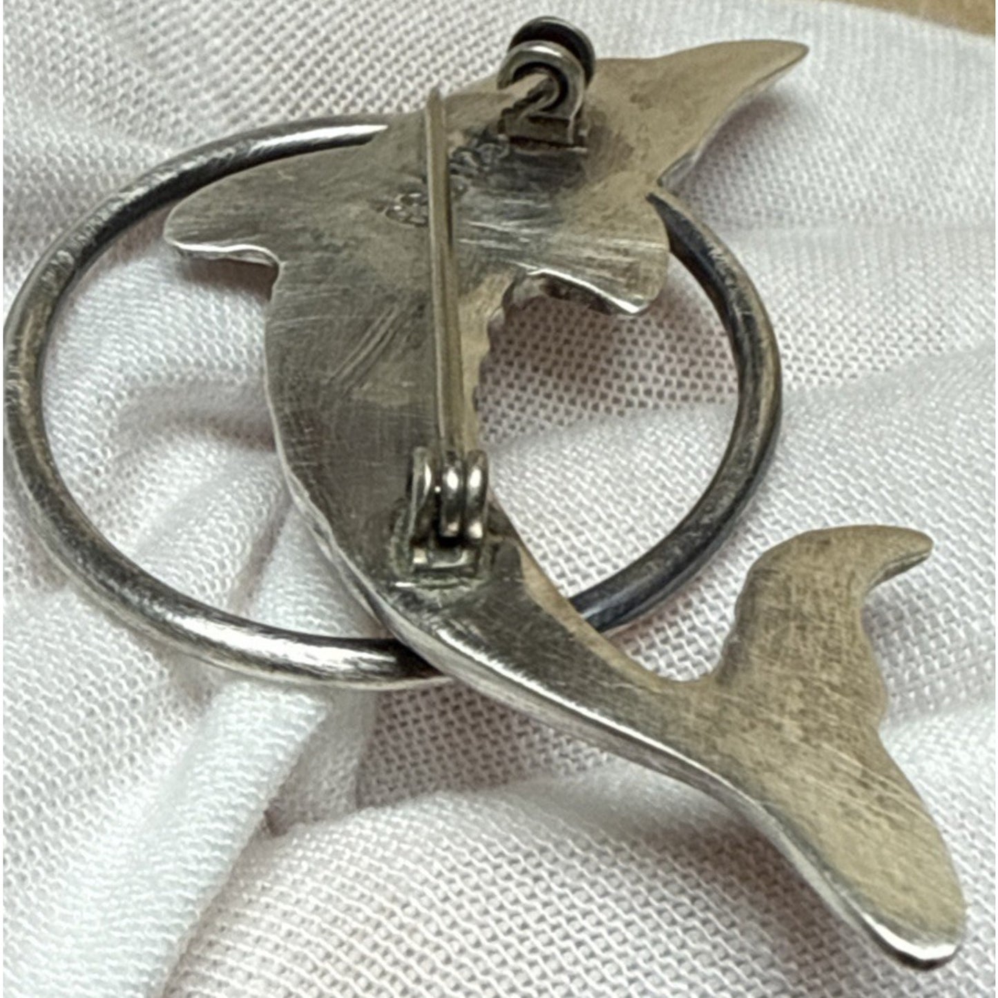 Vintage GSJ Sterling Silver 925 Dolphin Brooch Pin Hoop Trick Large As-Is