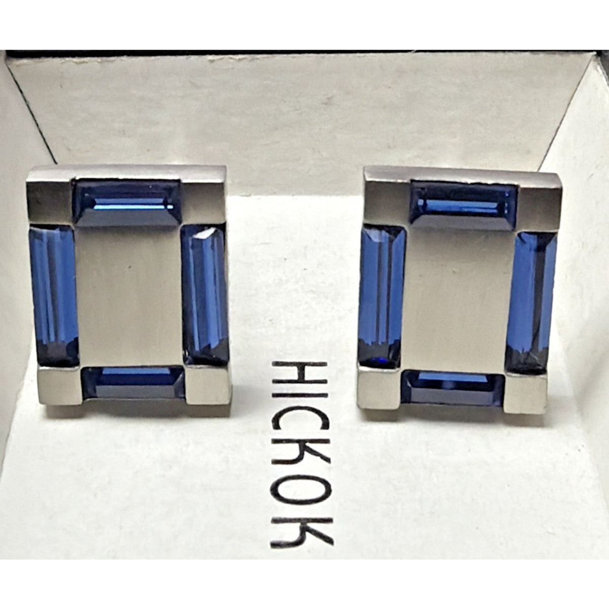 Vintage Hickok Blue Baguette Glass Cufflinks Silver Tone Geometric Modernist Box