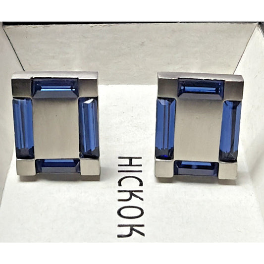 Vintage Hickok Blue Baguette Glass Cufflinks Silver Tone Geometric Modernist Box