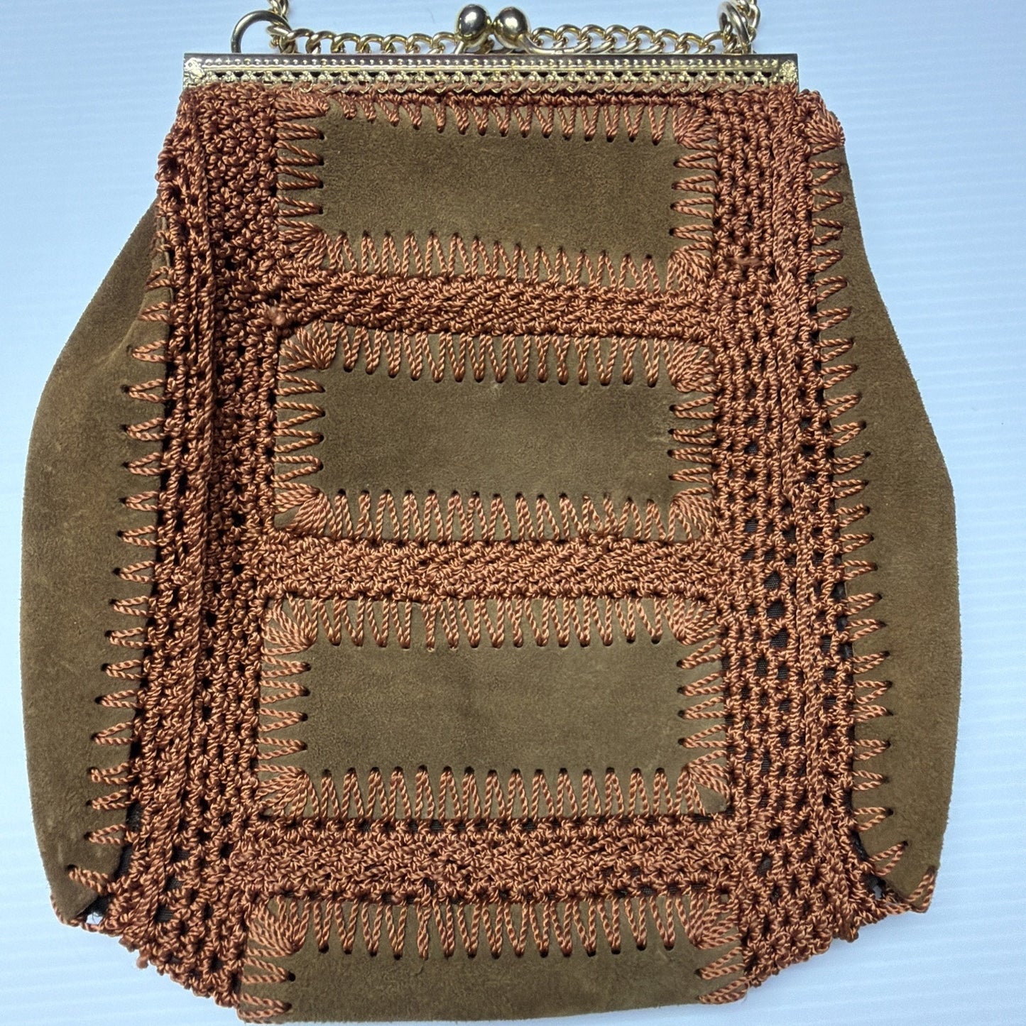 Vintage Solar Ltd Italy Brown Suede Leather Crochet Patchwork Purse As Is