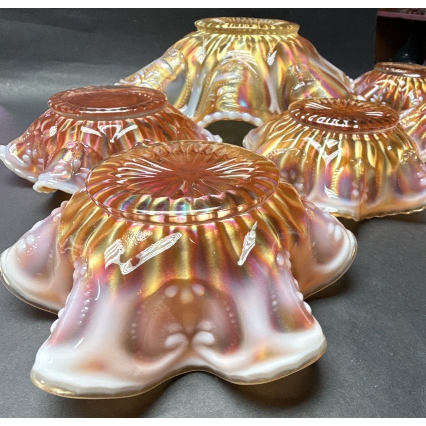 Lot of 7 Dugan Glass Peach Opal Carnival Ray Jewel Heart Master Berry Bowl As-Is