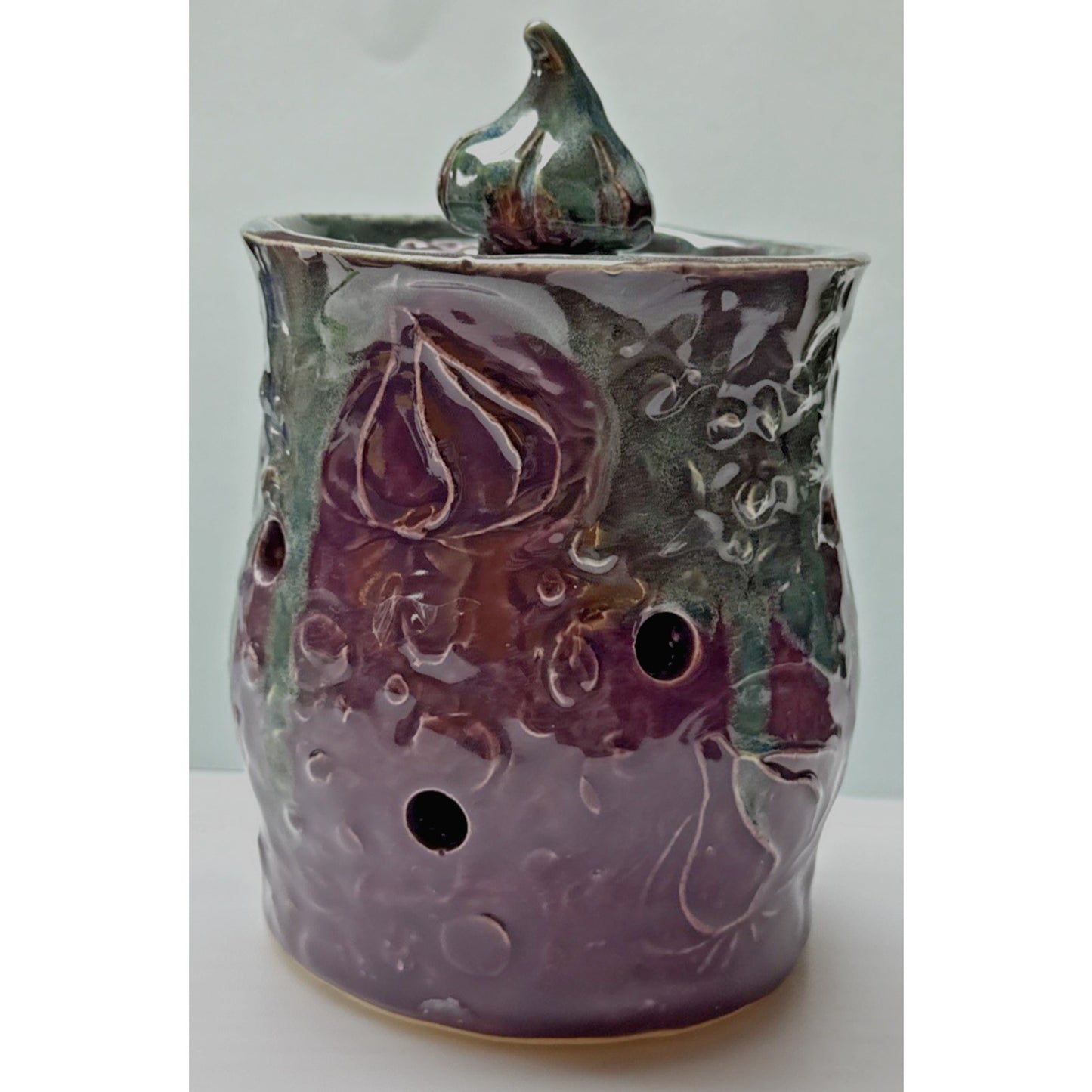 Studio Art Pottery Garlic Keeper Jar Canister Figural Lid Drip Glaze Signed