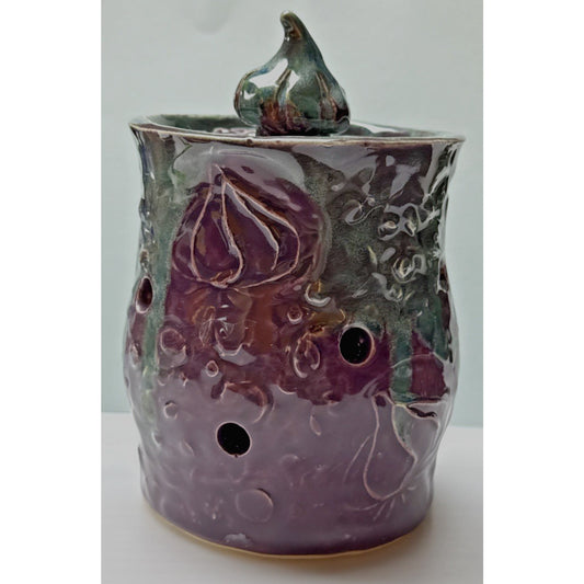Studio Art Pottery Garlic Keeper Jar Canister Figural Lid Drip Glaze Signed