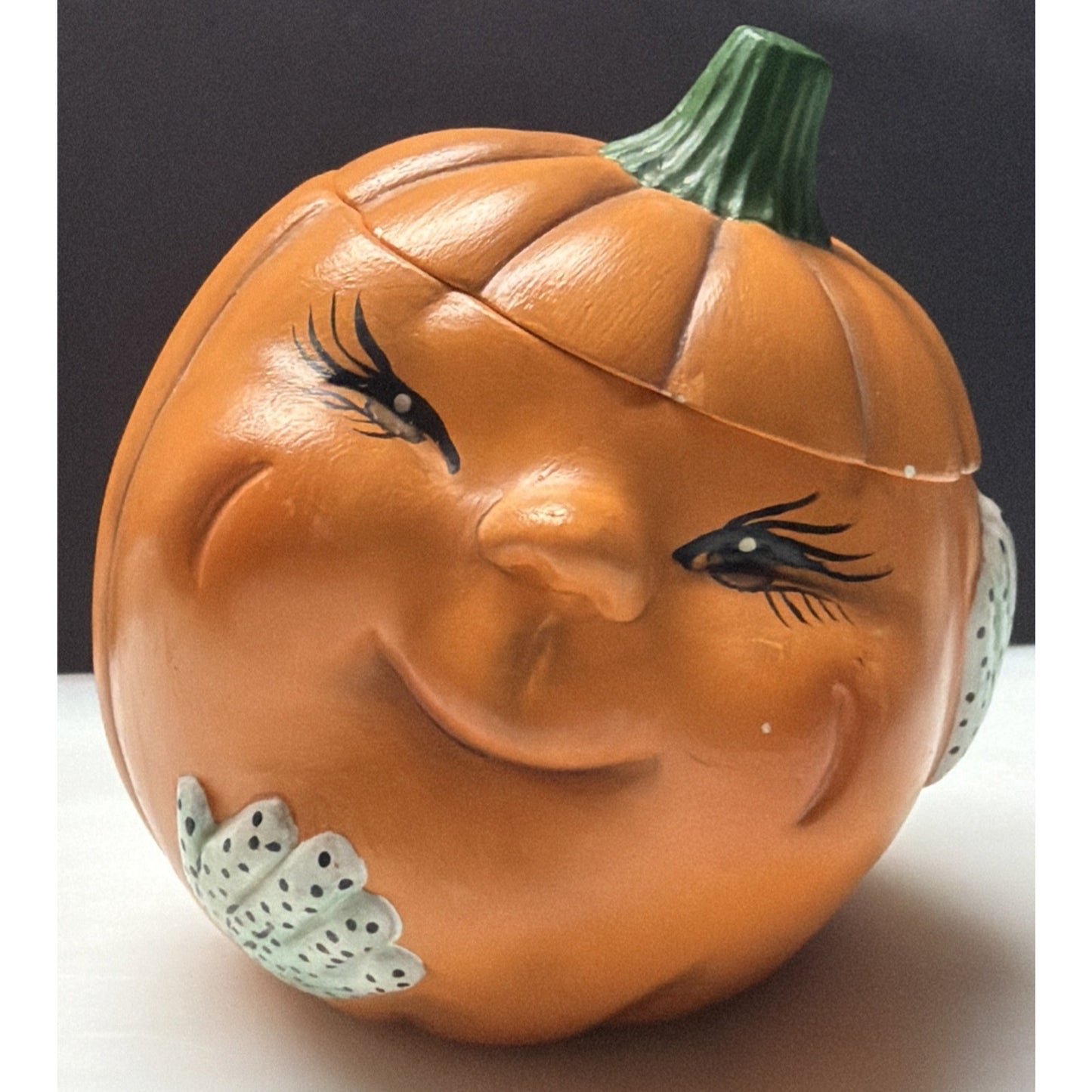 Vintage Anthropomorphic Pumpkin Face Ceramic Figurine Hand Painted Jar As Is