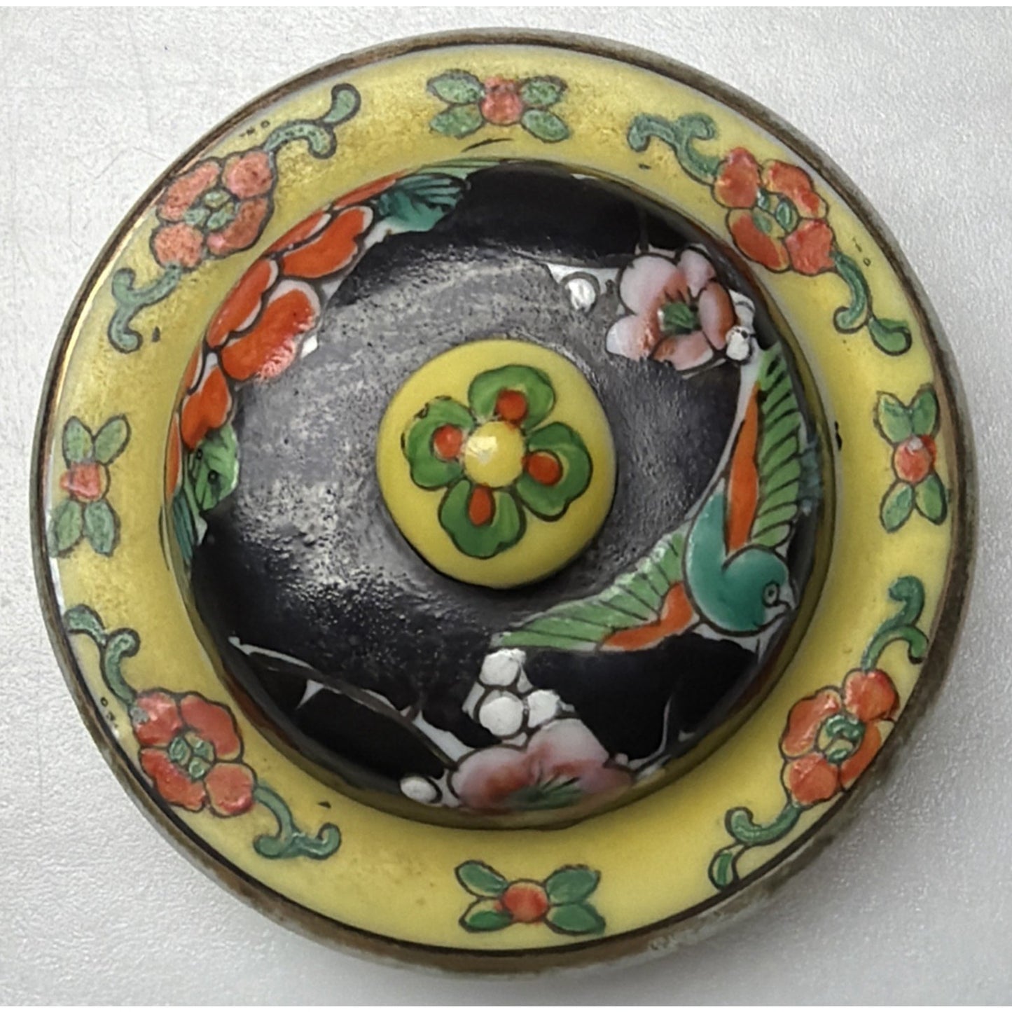 Vintage Japanese Hand Painted Black Porcelain Phoenix Ginger Jar Urn Lid Floral