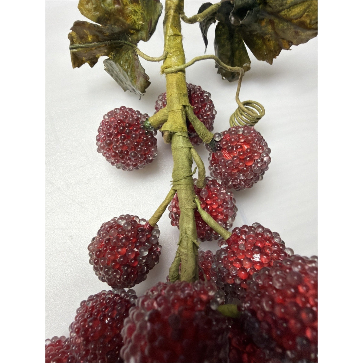 MCM Grape Cluster Glass Beaded Stem Leaves Fruit Red As Is